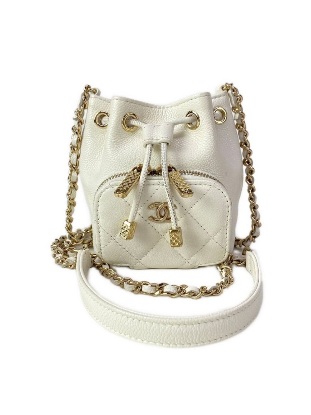 Chanel Shoulder Bag White Drawstring Gold Chain